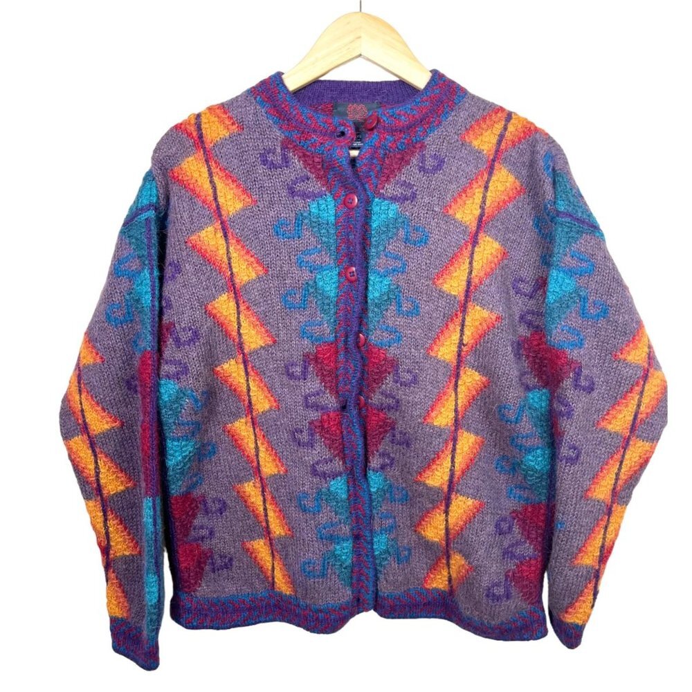VTG Galeria Latina Alpaca wool Cardigan‎ Hand Knit aztec size M